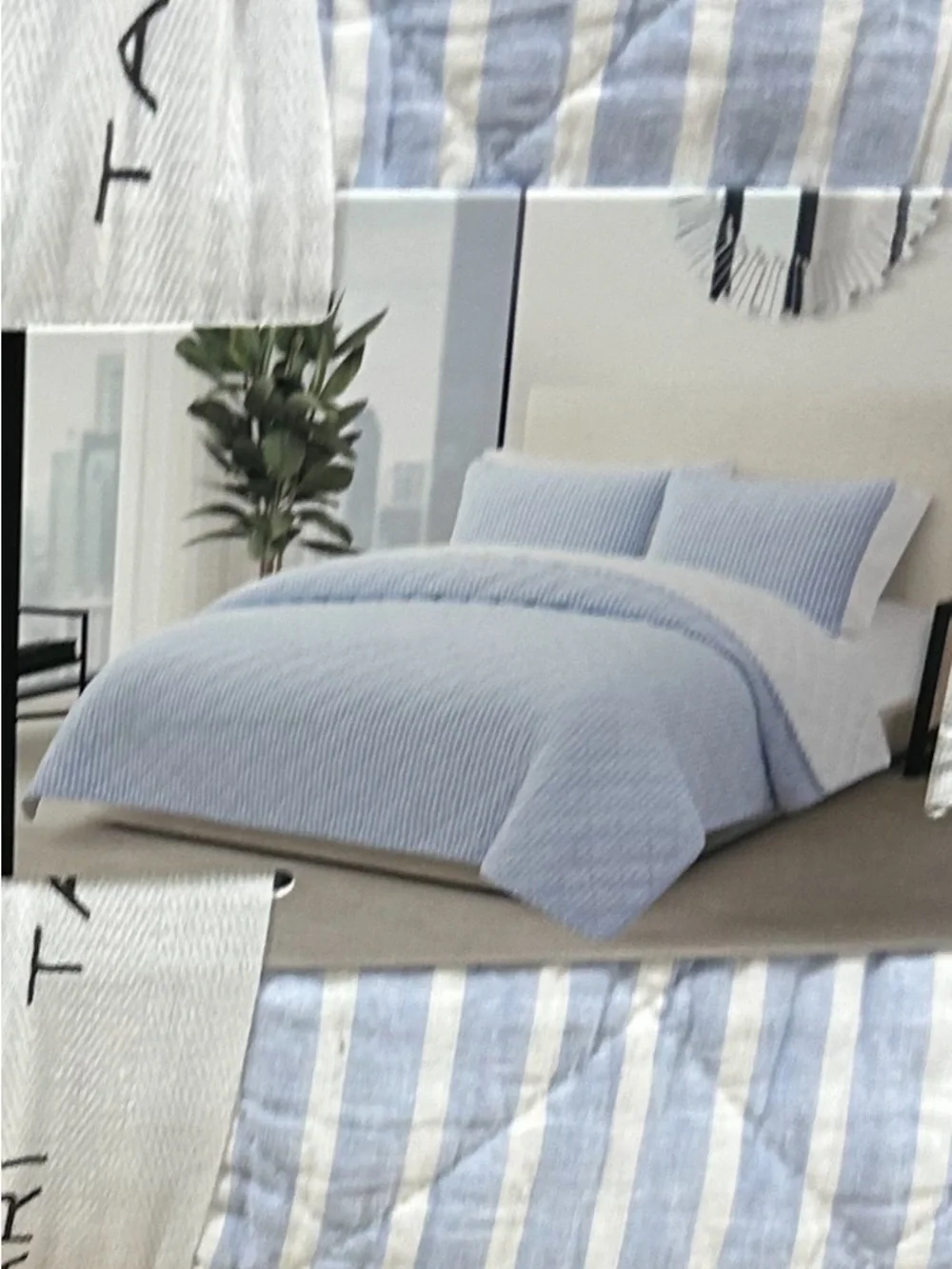 Tahari Blue and White Linen Cotton Blend European Grown Flax  Quilt 106”x92”
